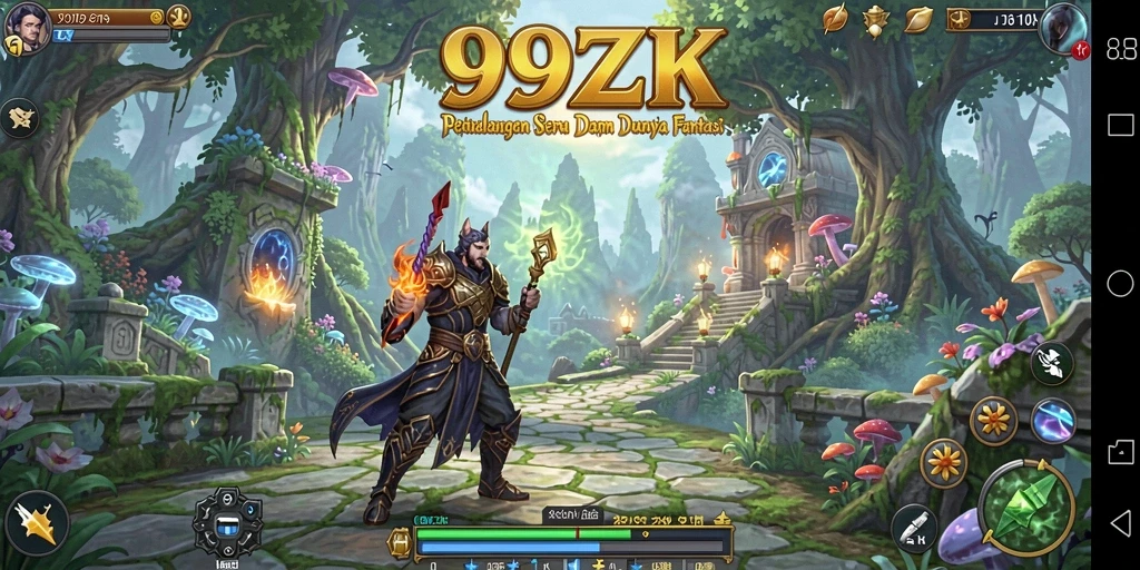 Screenshot utama 99ZK menampilkan pertempuran epik dengan karakter RPG.