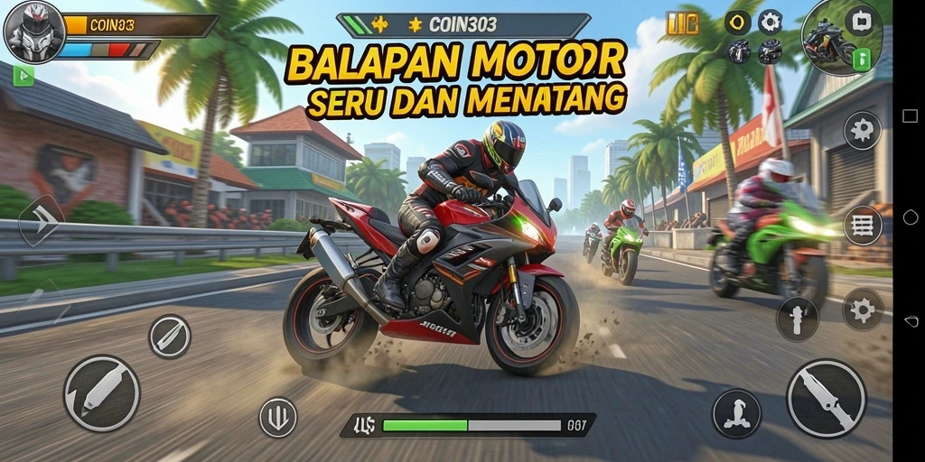 Gameplay COIN303 menampilkan aksi balapan motor yang mendebarkan.