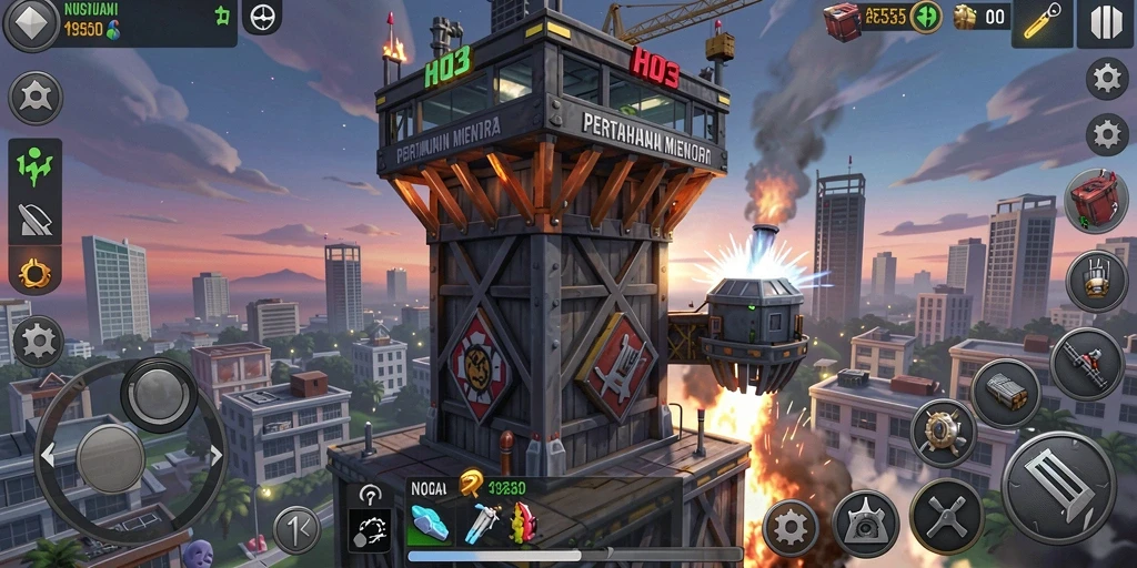 Tangkapan layar gameplay H03 yang menampilkan aksi menara pertahanan.