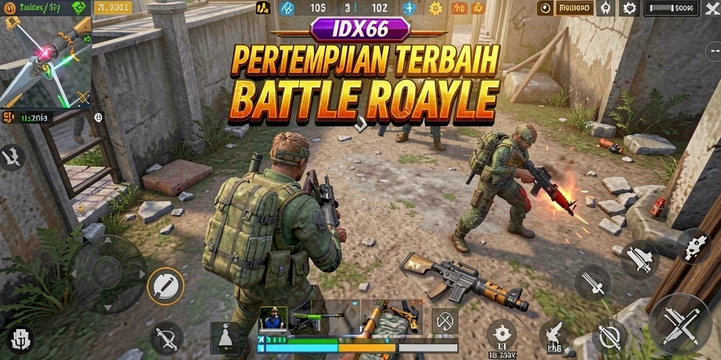 Screenshot IDX66 menunjukkan pemain dalam pertempuran intens di medan perang.