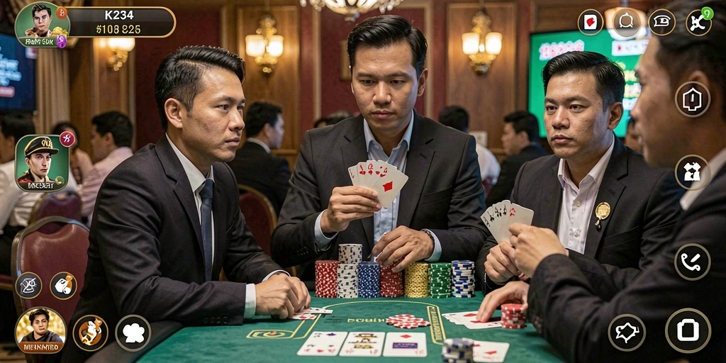 Tampilan gameplay seru dari K234 dengan pemain poker yang kompetitif.