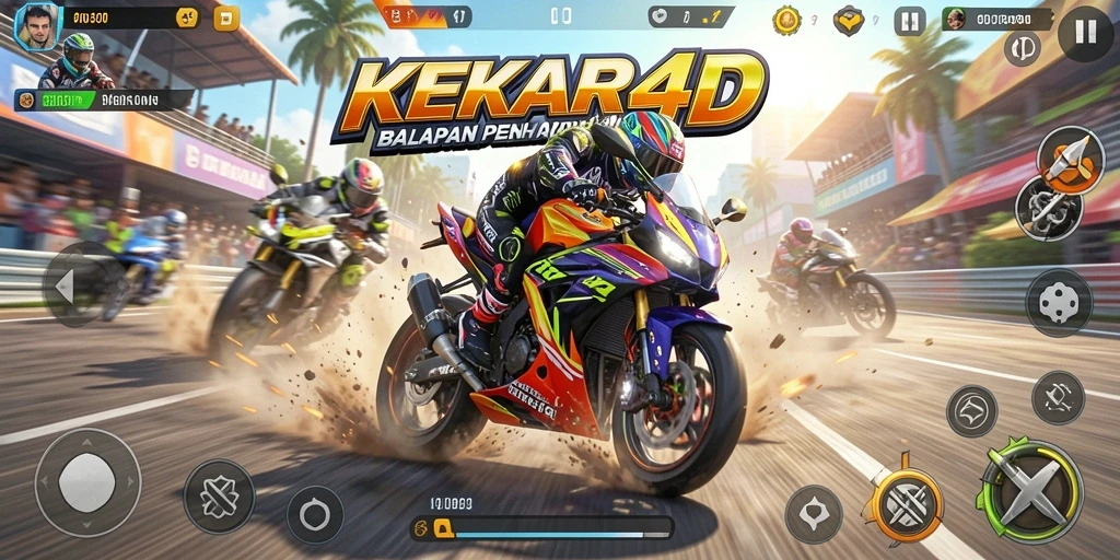 Tampilan gameplay seru dari KEKAR4D saat melaju di lintasan balapan.