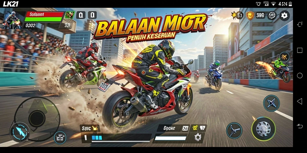 Screenshot gameplay LK21 yang menunjukkan aksi balapan motor yang seru.