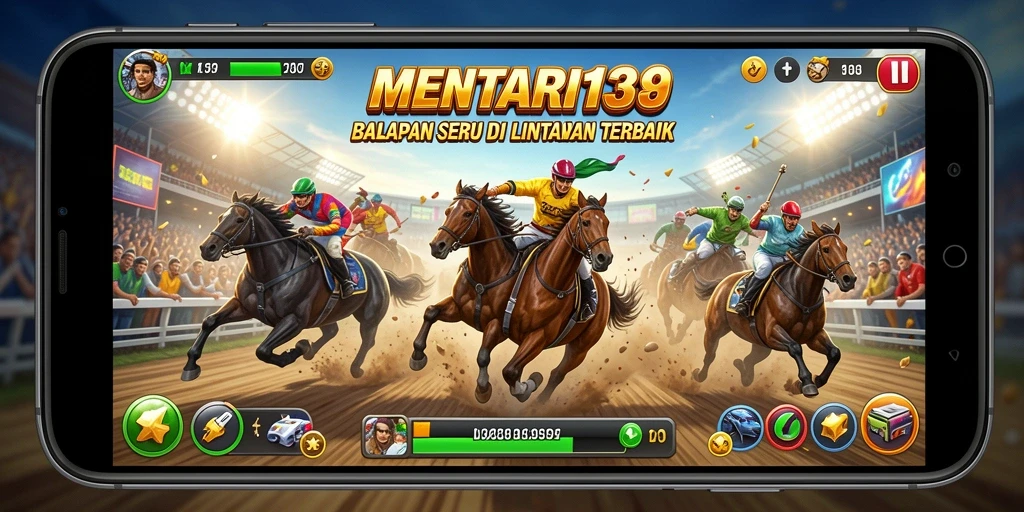 Screenshot MENTARI138 menunjukkan aksi balapan yang menegangkan di lintasan.