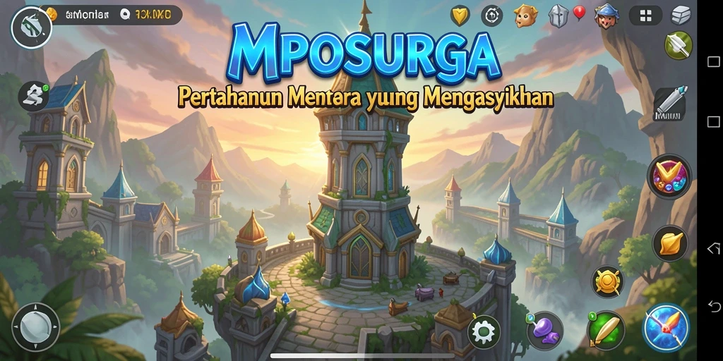 Tangkapan layar utama dari MPOSURGA menampilkan aksi menara pertahanan yang intens.
