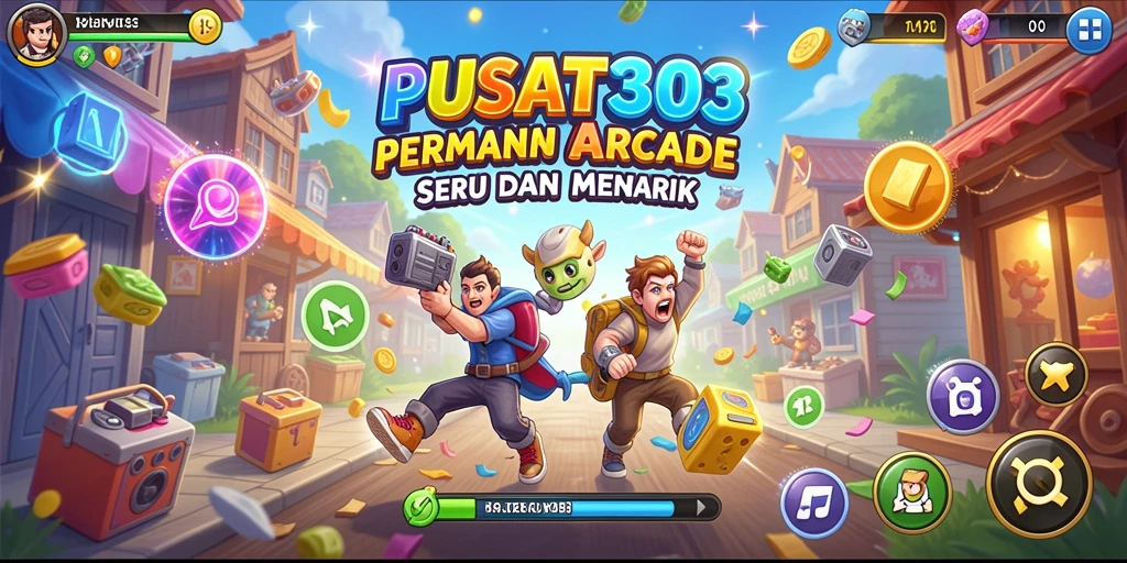 Screenshot menampilkan karakter PUSAT303 yang sedang melawan rintangan dalam permainan arcade.