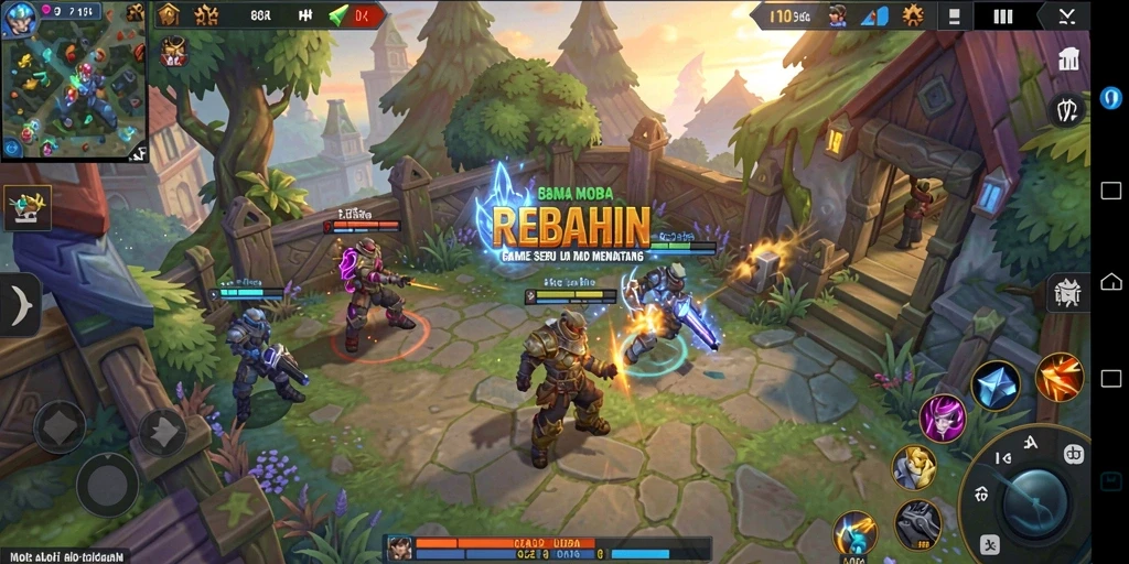 Tampilan gameplay seru dalam pertarungan MOBA di REBAHIN.