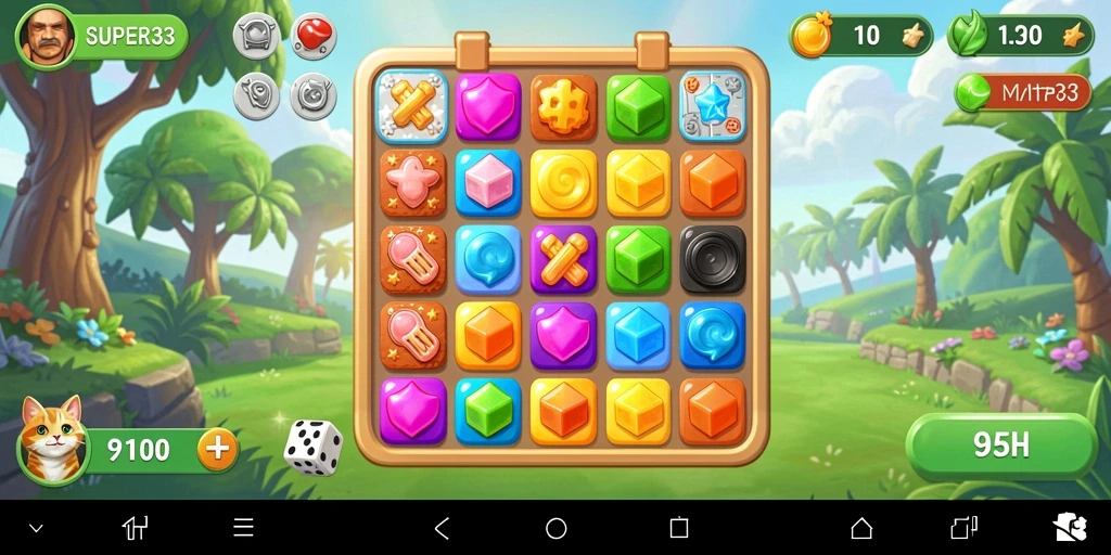 Screenshot gameplay SUPER33 menunjukkan keseruan mencocokkan item Match-3.