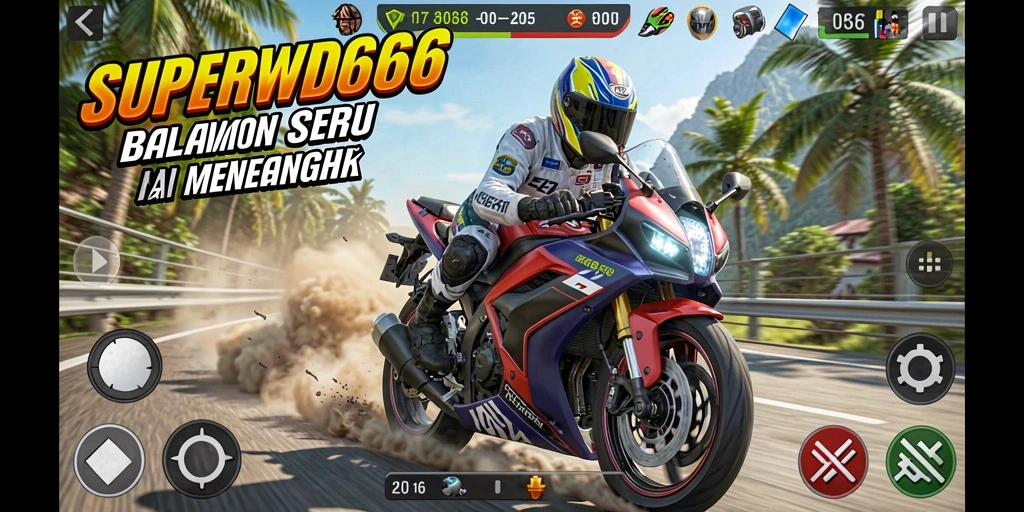 Tampilan gameplay SUPERWD666 dengan aksi balapan motor yang mendebarkan.